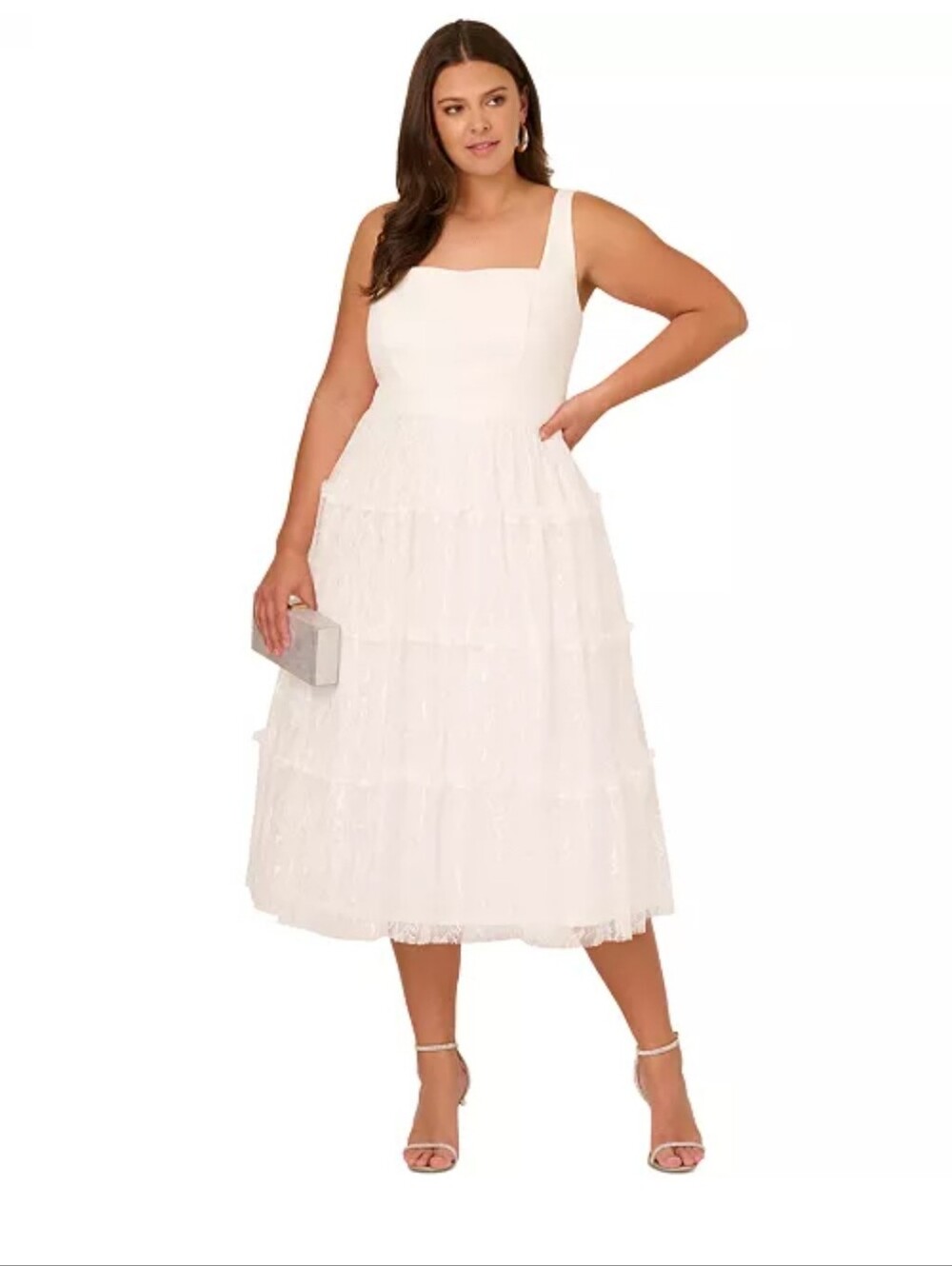 Adrianna Papell 22W Ivory Crepe Lace Midi Dress Tiered Plus Size NWT $295